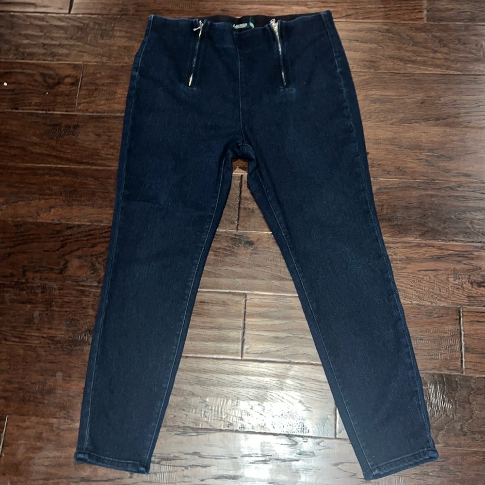 Ralph Lauren Skinny Ankle Zipper Jeans Womens 14 Dark Blue Stretch Comfort Denim